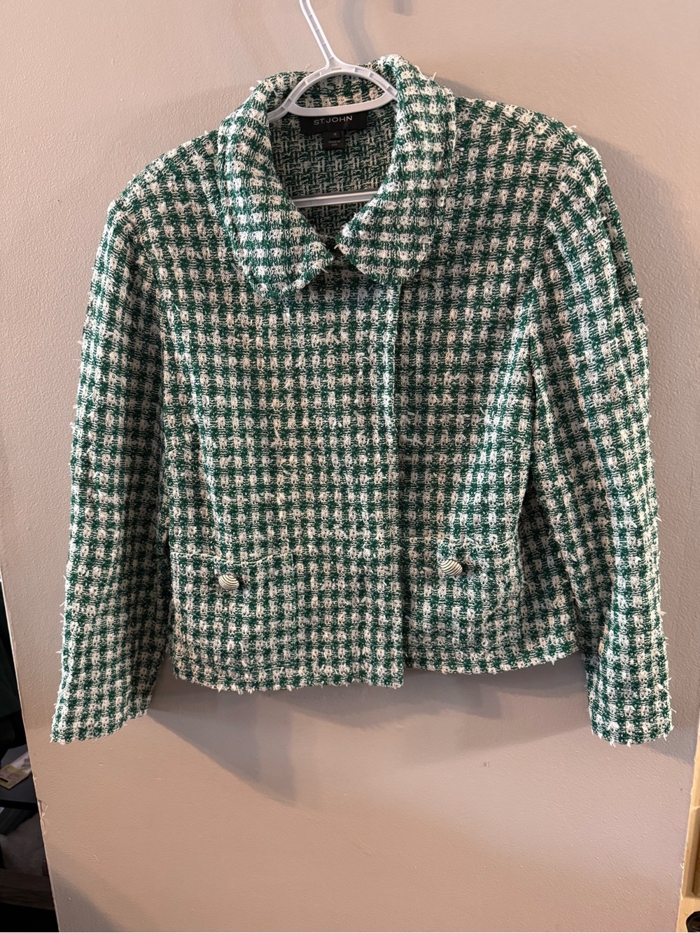St. John Green & White Tweed Jacket - Classic Cropped Coat Sz 16 s26